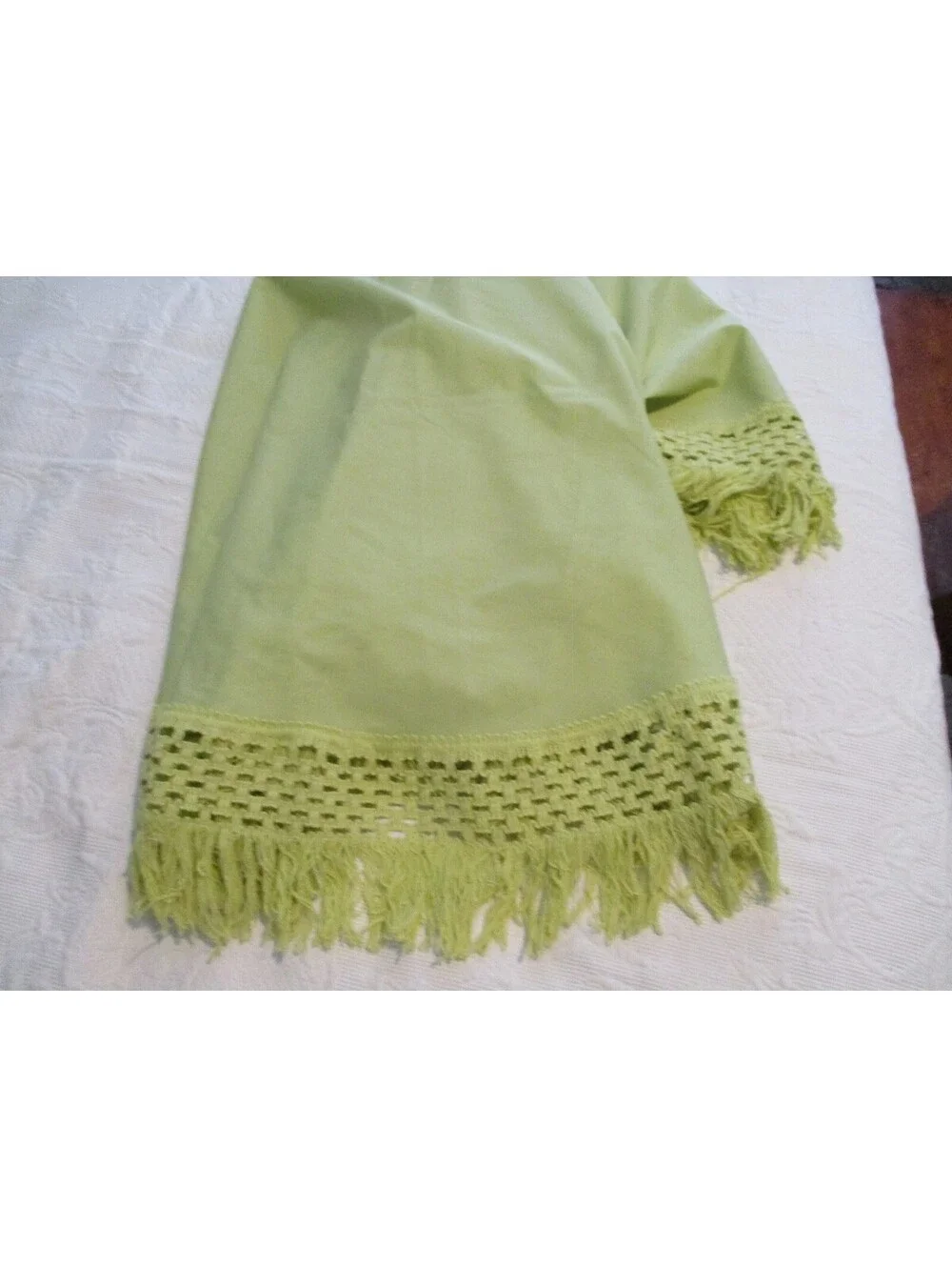 Vintage 1970s Avocado Green Rectangular Tablecloth 64x70 Macrame Fringe MCM